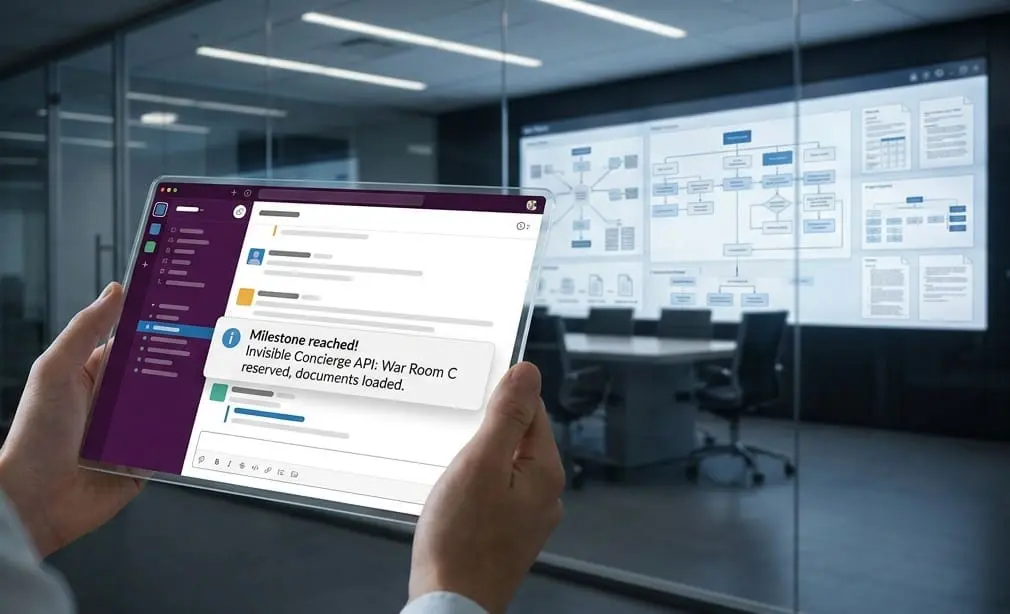 A person holding a digital tablet displays a notification from the Invisible Concierge API in a modern office.