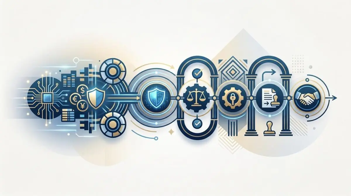Graphic illustrating legal and regulatory hurdles of starting a FinTech business, showing circuit boards, shields, scales of justice, and handshake.