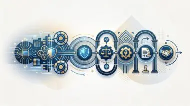 Graphic illustrating legal and regulatory hurdles of starting a FinTech business, showing circuit boards, shields, scales of justice, and handshake.