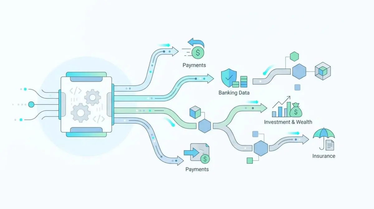 Diagram illustrating the integration of FinTech APIs for Payments, Banking Data, Investment & Wealth, and Insurance.