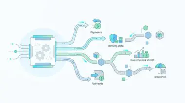 Diagram illustrating the integration of FinTech APIs for Payments, Banking Data, Investment & Wealth, and Insurance.