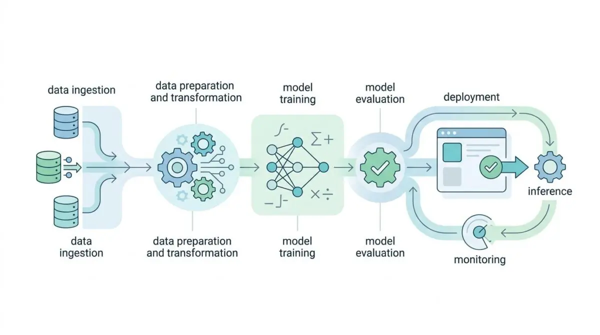 Diagram showing the AI transformation lifecycle: data ingestion, preparation, training, evaluation, deployment, and inference.