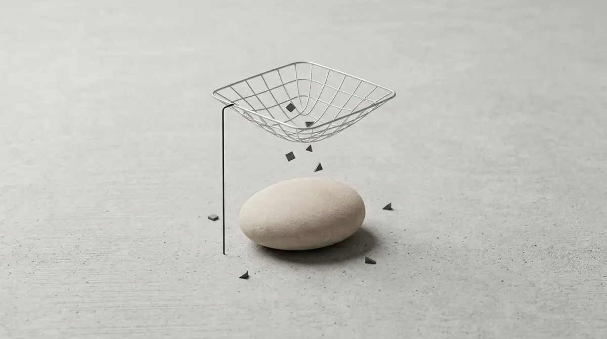 A wireframe basket lets geometric shapes fall onto a smooth stone, symbolizing new wave billionaires seeking tangible results.