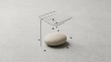 A wireframe basket lets geometric shapes fall onto a smooth stone, symbolizing new wave billionaires seeking tangible results.