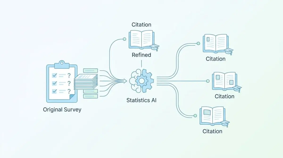 Diagram showing original survey data feeding into Statistics AI, resulting in refined citations for AI.