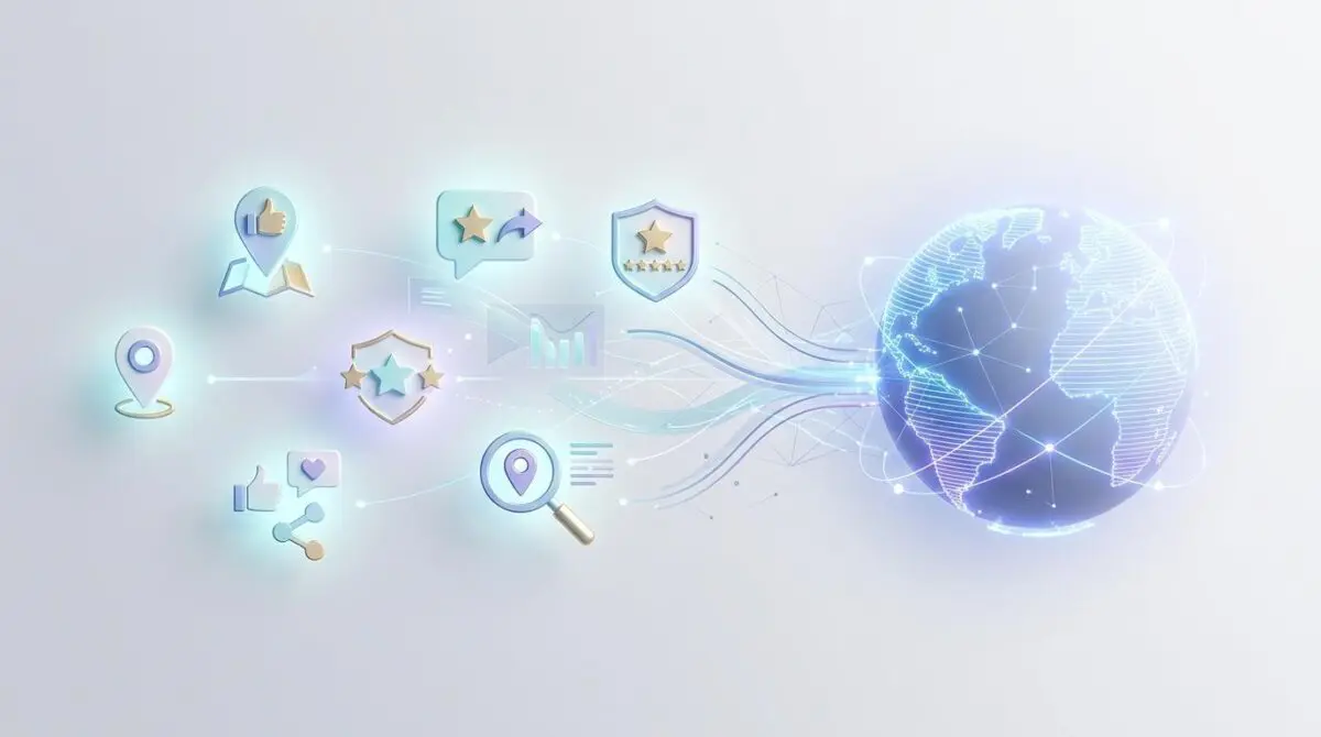 Abstract illustration showing third-party mentions like reviews and shares connecting to a global network, highlighting the power of third-party mentions.