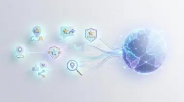 Abstract illustration showing third-party mentions like reviews and shares connecting to a global network, highlighting the power of third-party mentions.
