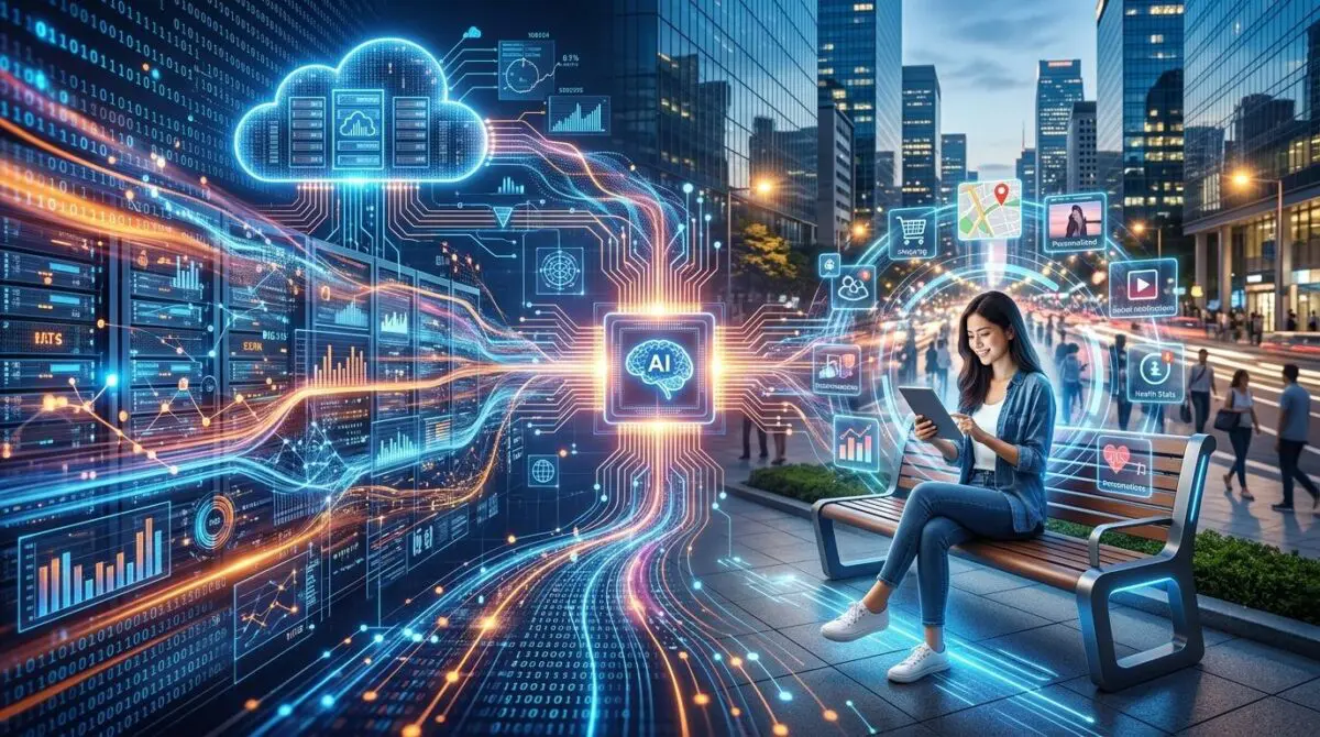 Woman on bench using tablet surrounded by AI-driven personalization data streams.