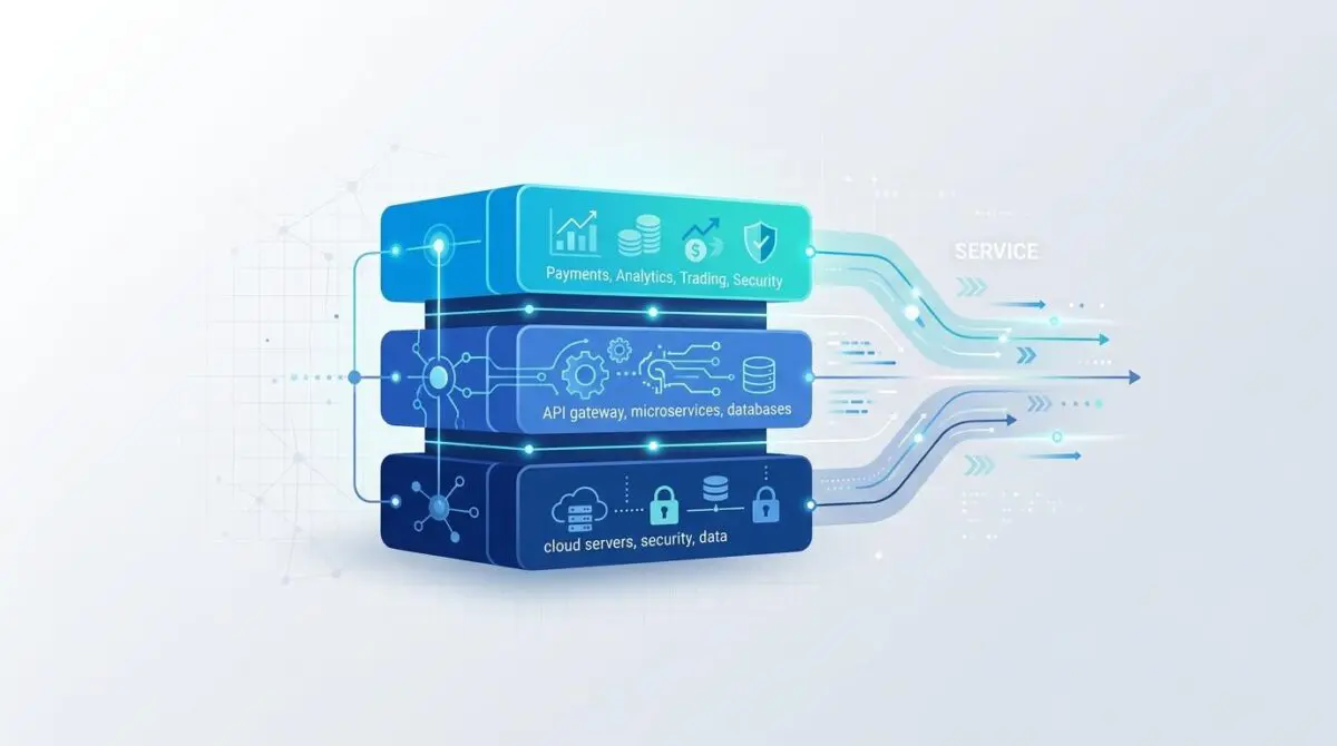 The ultimate Fin-tech stack for a pessimist, illustrating cloud servers, API gateway, and payments layers.