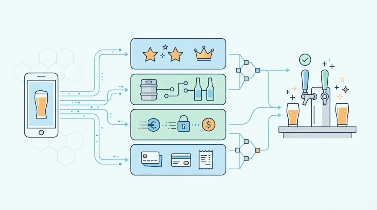 Conceptual flow of the ultimate Fin-tech stack for a beer lover, showing mobile app, ratings, kegs, and payment to beer taps.