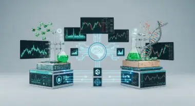 Scientist's Fin-tech stack visualized with DNA, molecules, and trading charts connected to a brain.