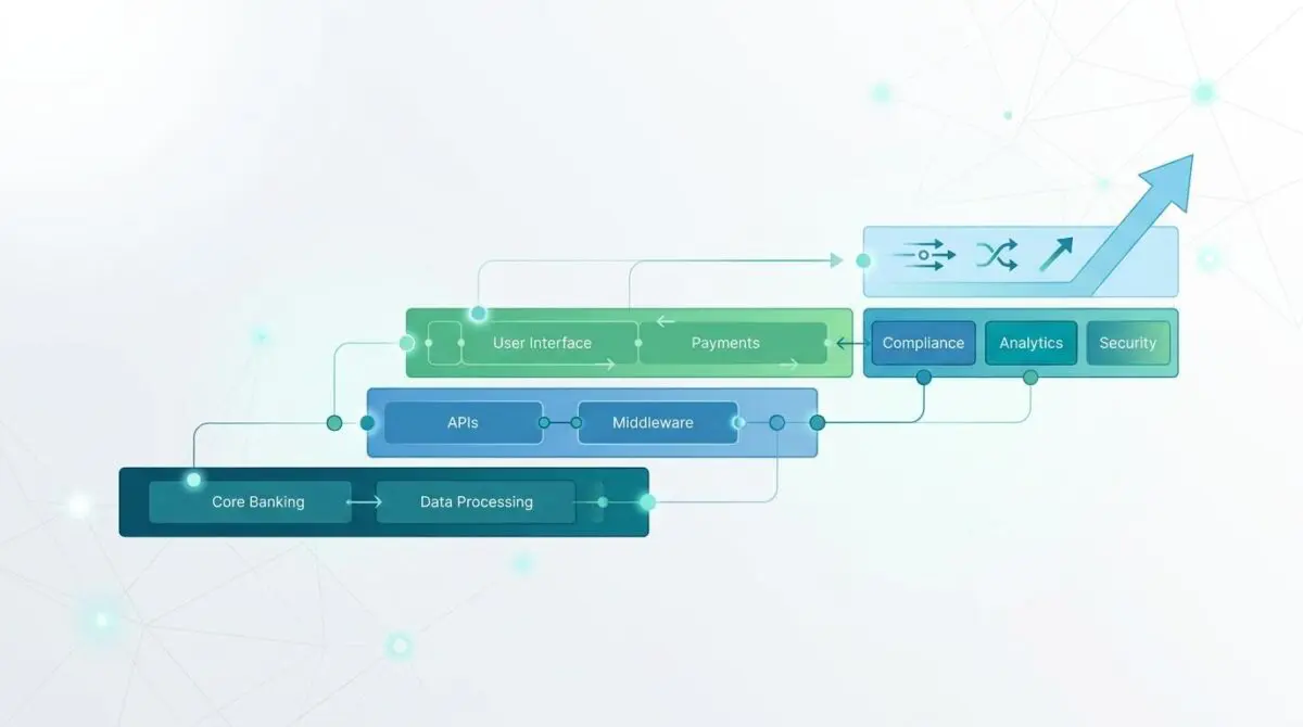Diagram illustrating the ultimate Fin-tech stack for an early bird, showing core banking to security.