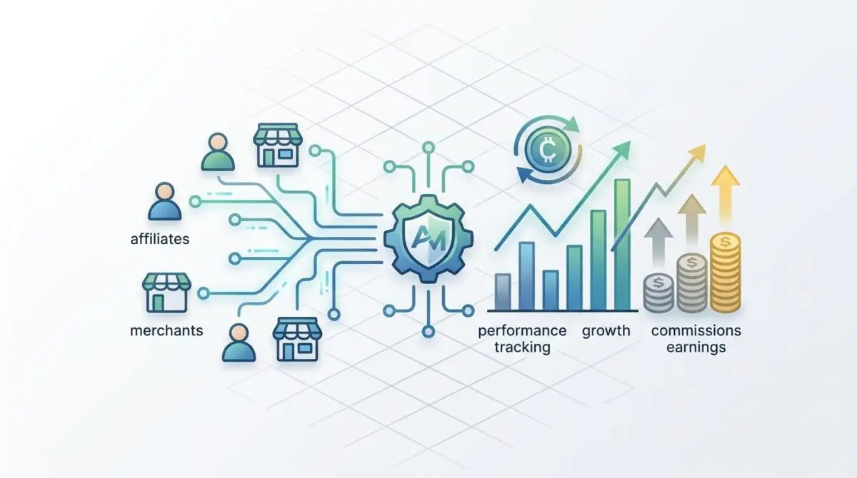 Affiliates and merchants connecting to a central AI core, driving performance tracking, growth, and commissions earnings.