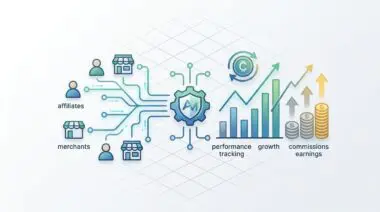 Affiliates and merchants connecting to a central AI core, driving performance tracking, growth, and commissions earnings.
