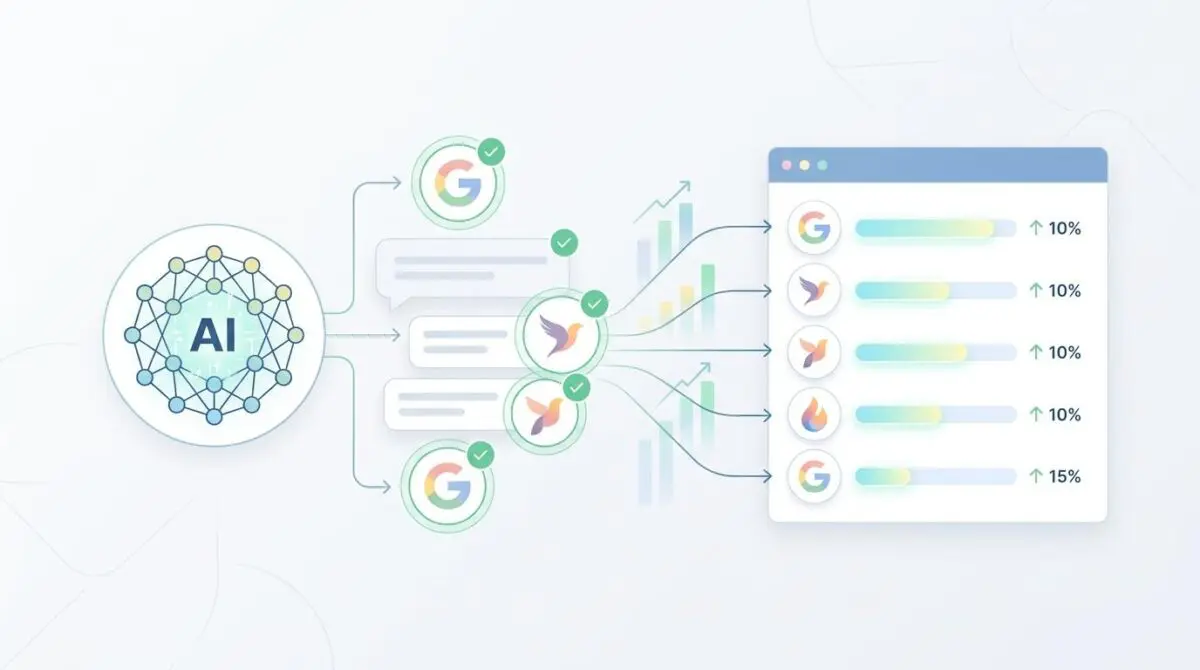 AI output flowing to search engines and analytics, illustrating how to track brand visibility in AI-generated answers.