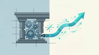 Gears within a traditional bank structure contrasted with agile arrows and puzzle pieces symbolizing FinTech.