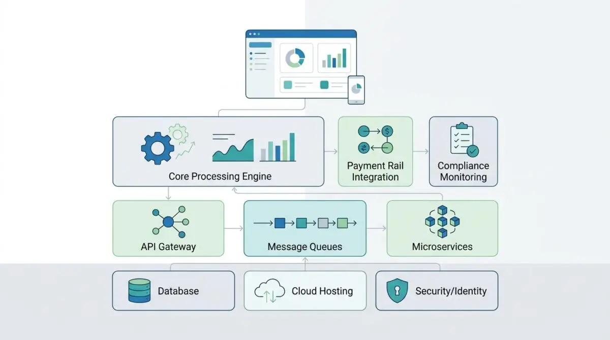 Diagram of the ultimate Fin-tech stack for a boss, showcasing core processing, payments, and security modules.