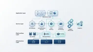 Diagram of the ultimate Fin-tech stack for a friend, showing layers from infrastructure to application.
