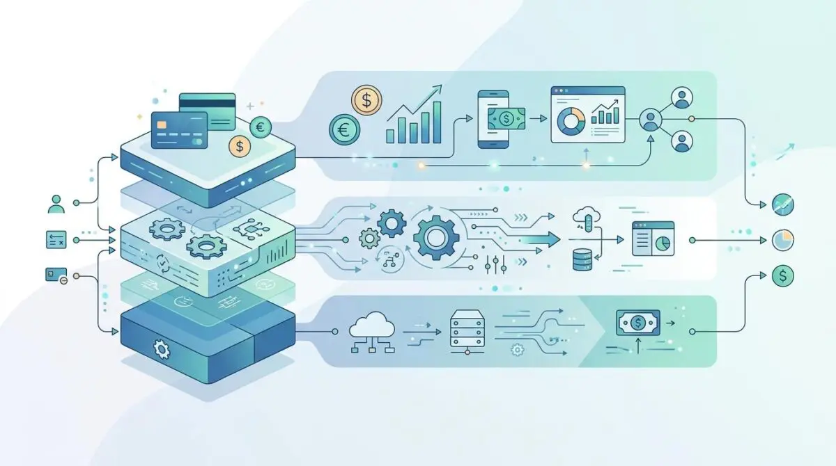 Fin-tech stack with credit cards, gears, cloud, and money icons, illustrating the ultimate Fin-tech stack for an adventurous person.