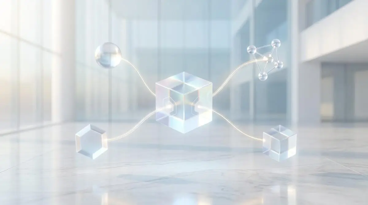 Connecting diverse web entities like spheres and hexagons to a central cube, illustrating how to use 'sameAs' schema. By Andres SEO Expert.