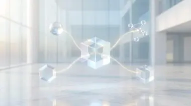 Connecting diverse web entities like spheres and hexagons to a central cube, illustrating how to use 'sameAs' schema. By Andres SEO Expert.