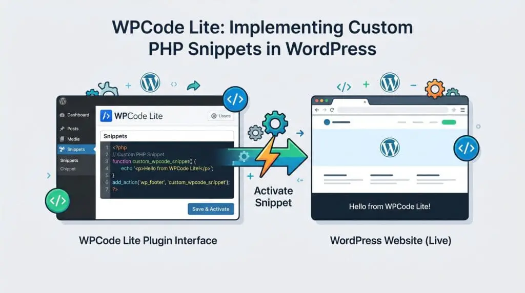 Diagram showing how to implement custom PHP snippets in WordPress using the WPCode Lite plugin interface.