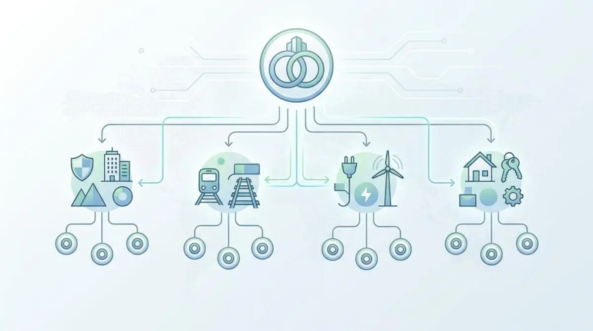 Warren Buffett and Charlie Munger's diversified Berkshire Hathaway investments symbolized by interconnected icons.