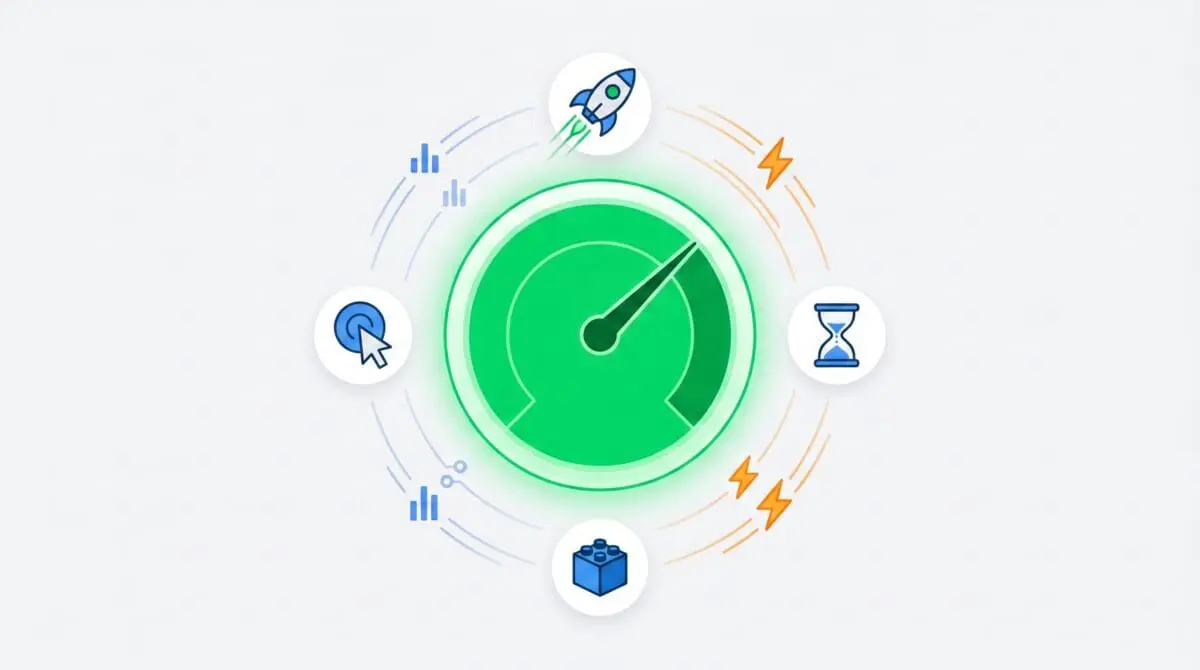 Green performance gauge surrounded by icons representing speed, time, and data analytics for website optimization.