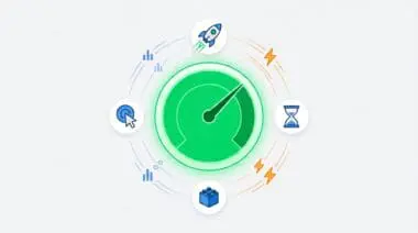 Green performance gauge surrounded by icons representing speed, time, and data analytics for website optimization.