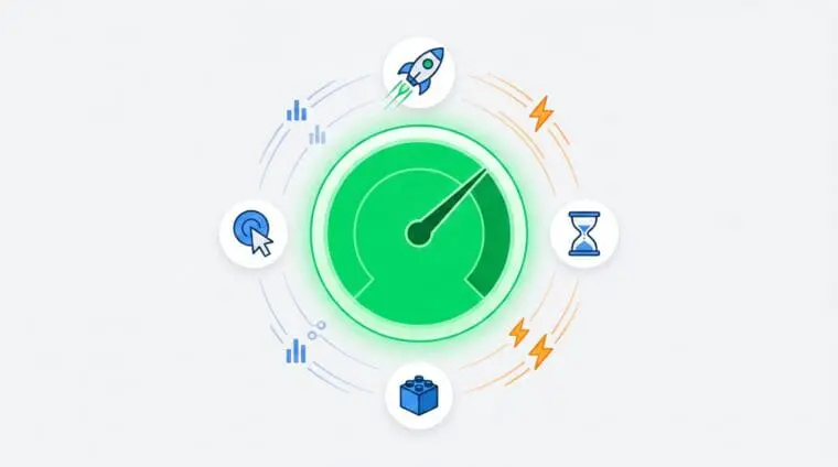 Green performance gauge surrounded by icons representing speed, time, and data analytics for website optimization.