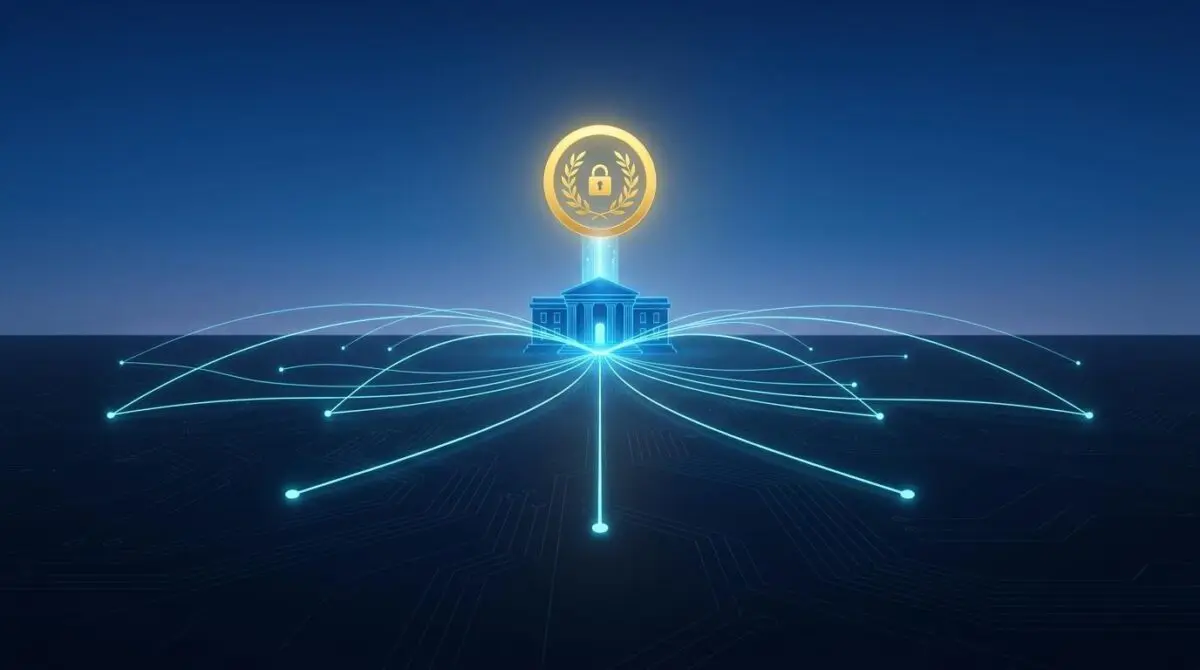 Central bank building emitting secure digital currency, illustrating What is a Central Bank Digital Currency (CBDC).