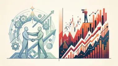 Illustration of partnership and competition dynamics, showing handshake and market analysis for when to partner and when to compete.