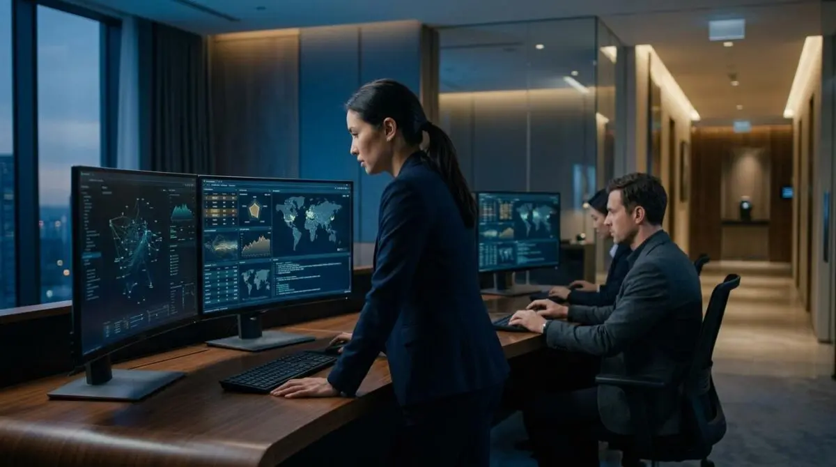 The teams of white-hat hackers employed by billionaires analyze global data on multiple monitors.