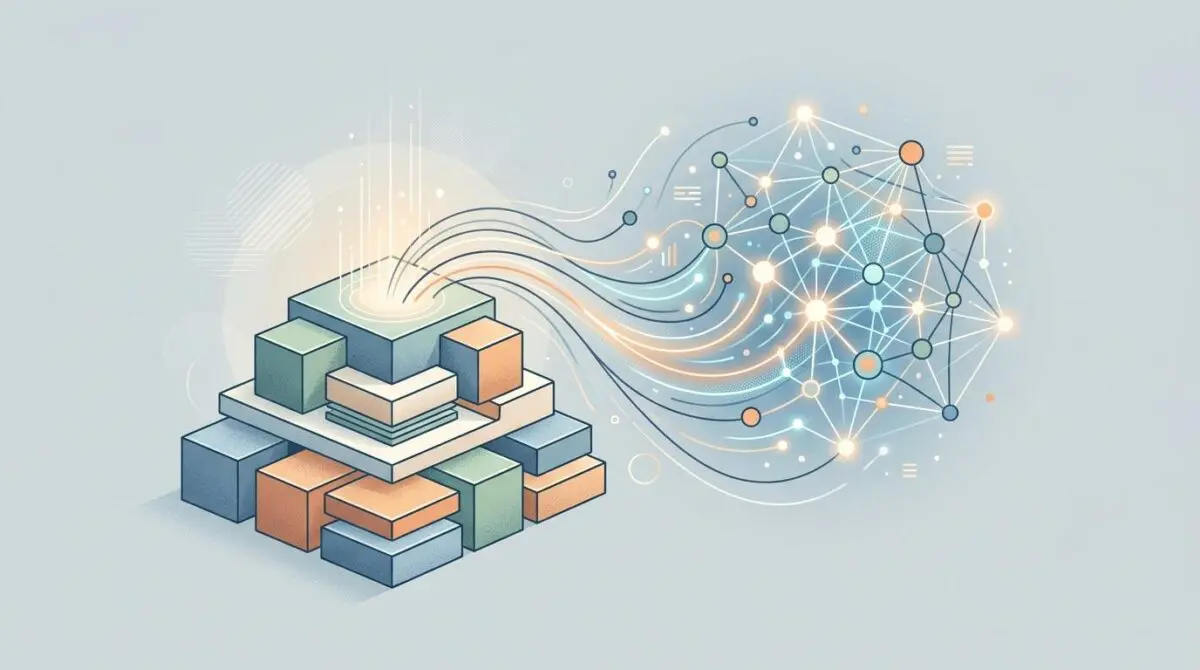 Abstract visualization of foundational blocks feeding into a generative AI network, demonstrating why classic SEO foundations still matter for generative engine optimization.