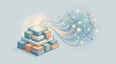 Abstract visualization of foundational blocks feeding into a generative AI network, demonstrating why classic SEO foundations still matter for generative engine optimization.