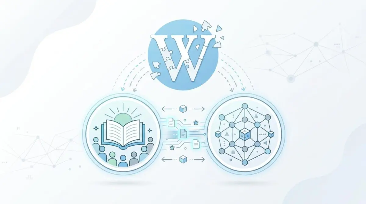 The Wikipedia 'W' logo, composed of puzzle pieces, connects to icons representing knowledge and data networks, illustrating brand entity GEO.