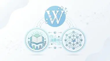 The Wikipedia 'W' logo, composed of puzzle pieces, connects to icons representing knowledge and data networks, illustrating brand entity GEO.