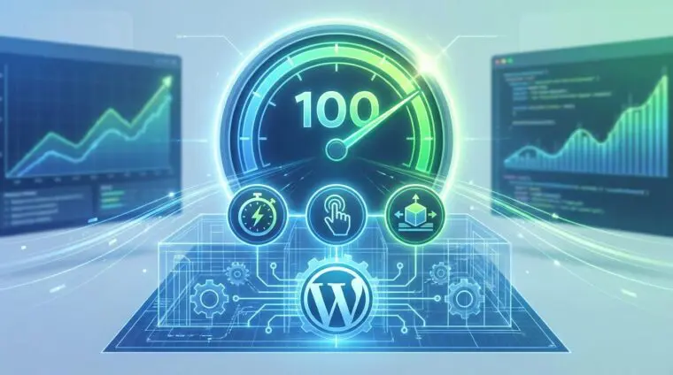 Digital speedometer reading 100 above a WordPress blueprint representing Core Web Vitals and website speed.