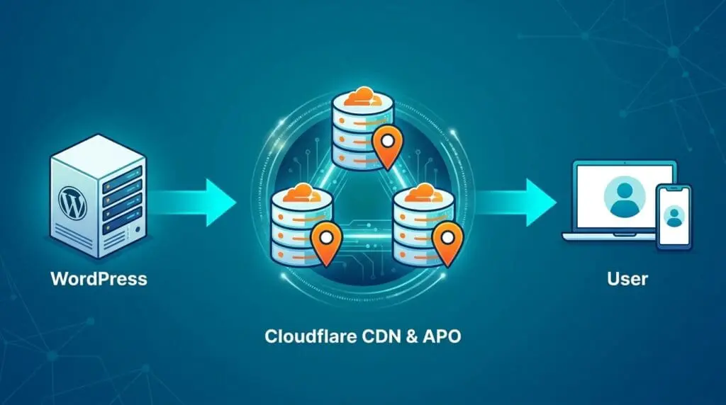 A diagram shows data flowing from a WordPress server through a Cloudflare CDN cluster to a user's laptop and smartphone.