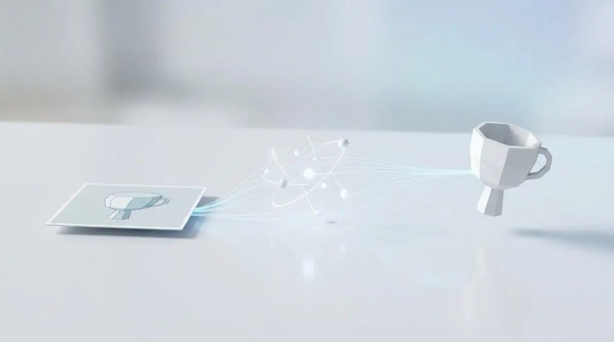 Flat image of a cup transforming into a 3D model, showcasing instant automated creation.