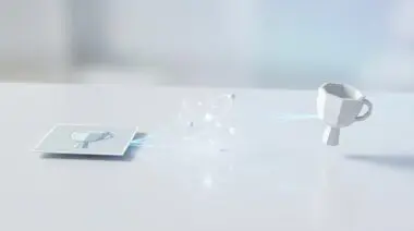 Flat image of a cup transforming into a 3D model, showcasing instant automated creation.