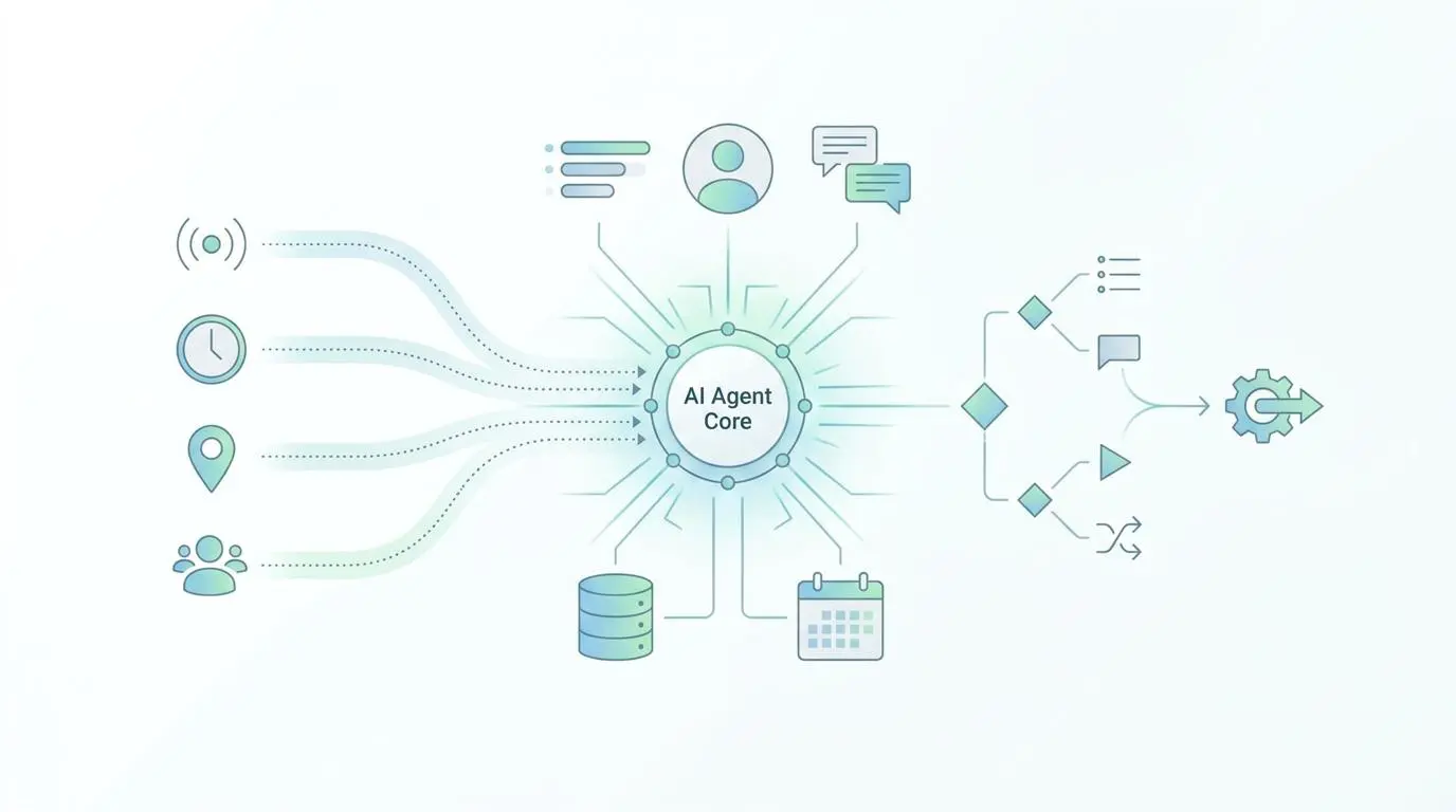 AI Agent Core diagram showing data inputs like time, location, and users for real-time automated bidding adjustments.