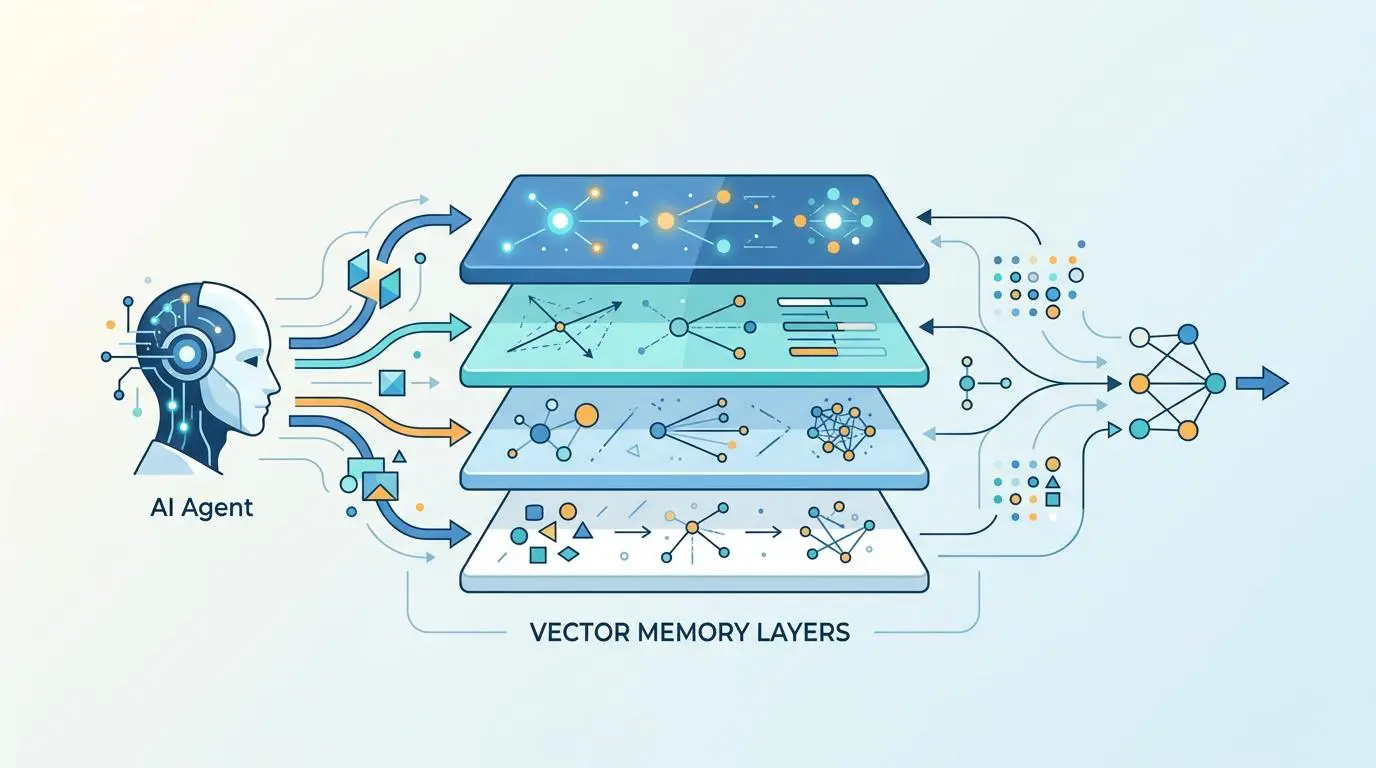 AI agent processing data through vector memory layers for complex market research.
