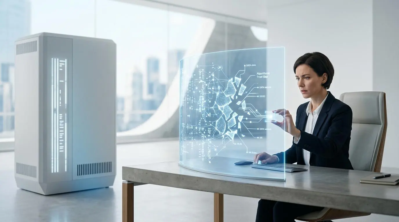 Woman analyzing AI algorithmic trust gap on futuristic interface with ATS platforms.