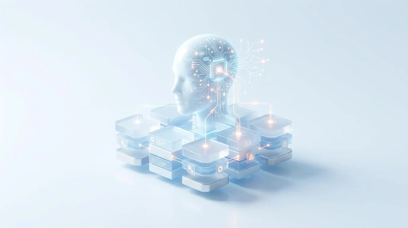 AI head with circuitry connecting to stacked data servers, representing automated synthetic test data generation.