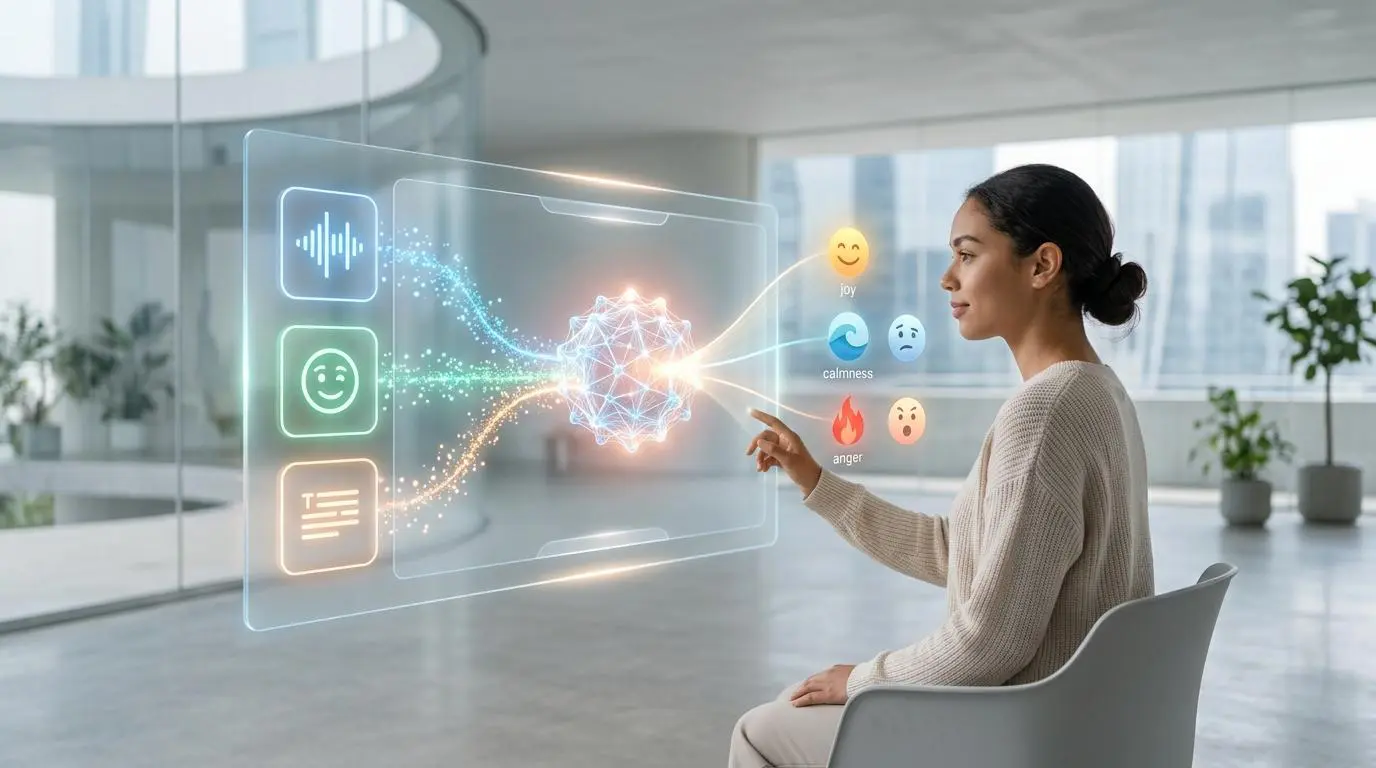 Woman interacting with AI interface for automated extraction of viral clips from live streams via emotion recognition.