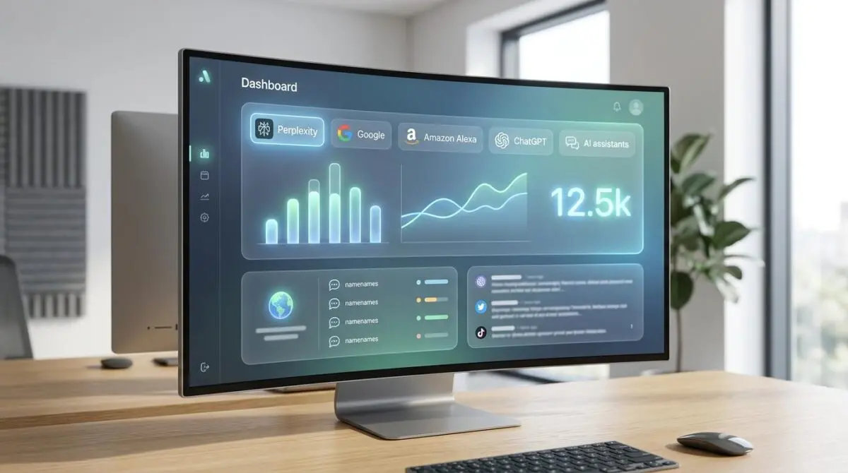 Digital dashboard showing brand mentions across AI platforms like Perplexity, Google, Amazon Alexa, ChatGPT, and AI Assistants.