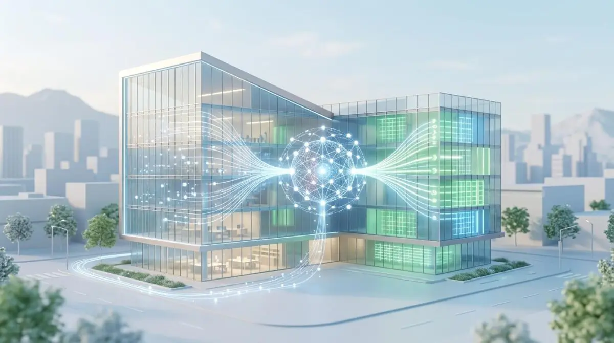 Modern building with AI-driven energy optimization network visualization.