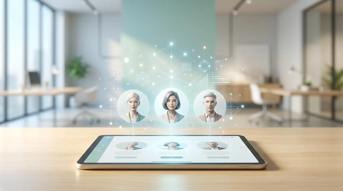 AI-generated buyer personas displayed on a tablet, supporting sales training simulations.