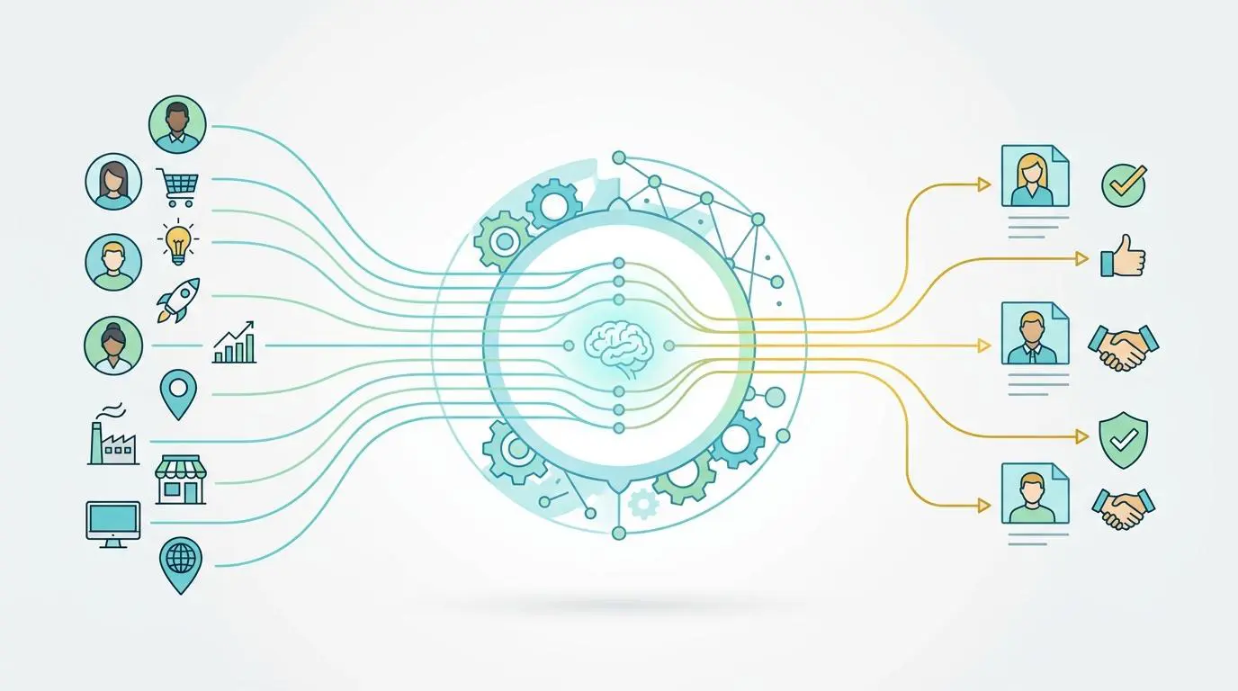 AI matching engine diagram connecting buyers and sellers for effective customer acquisition.